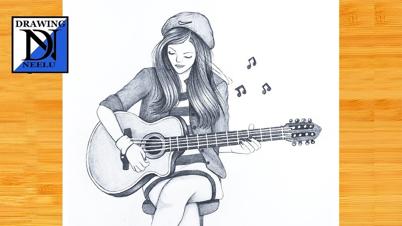 How to draw a Girl Playing Guitar, , Pencil sketch for beginner, , Guitar with girl, , girl