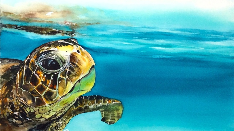 Watercolor Turtle in a Water Painting