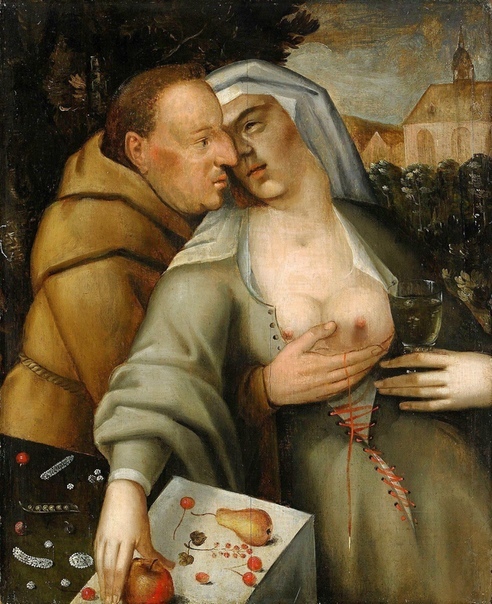 Картина «Монах и монахиня», Cornelis van Haarlem 1591 года. У нее есть два прочтения. Первое сатирическое изображение жизни обитателей монастырей, которых часто обвиняли в пьянстве, обжорстве,