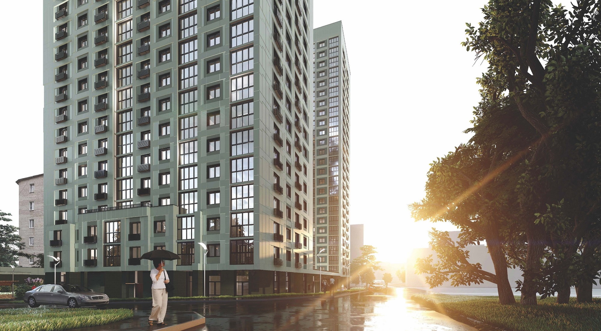 - Для оформления нового двухсекционного дома в районе Метрогородок, в который переедут участники программы реновации, используют панели нескольких оттенков зеленого.